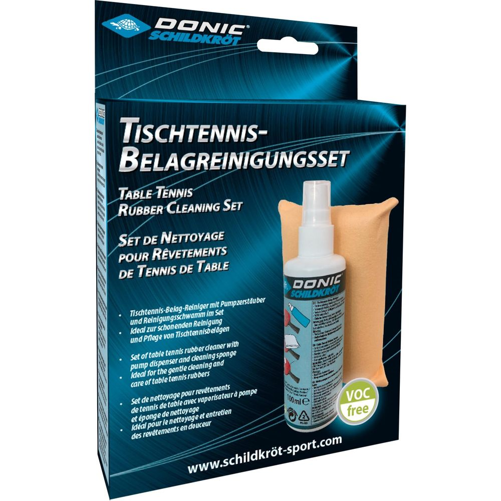 Zestaw do czyszczenia okładzin do tenisa stołowego ze gąbką i sprayem.