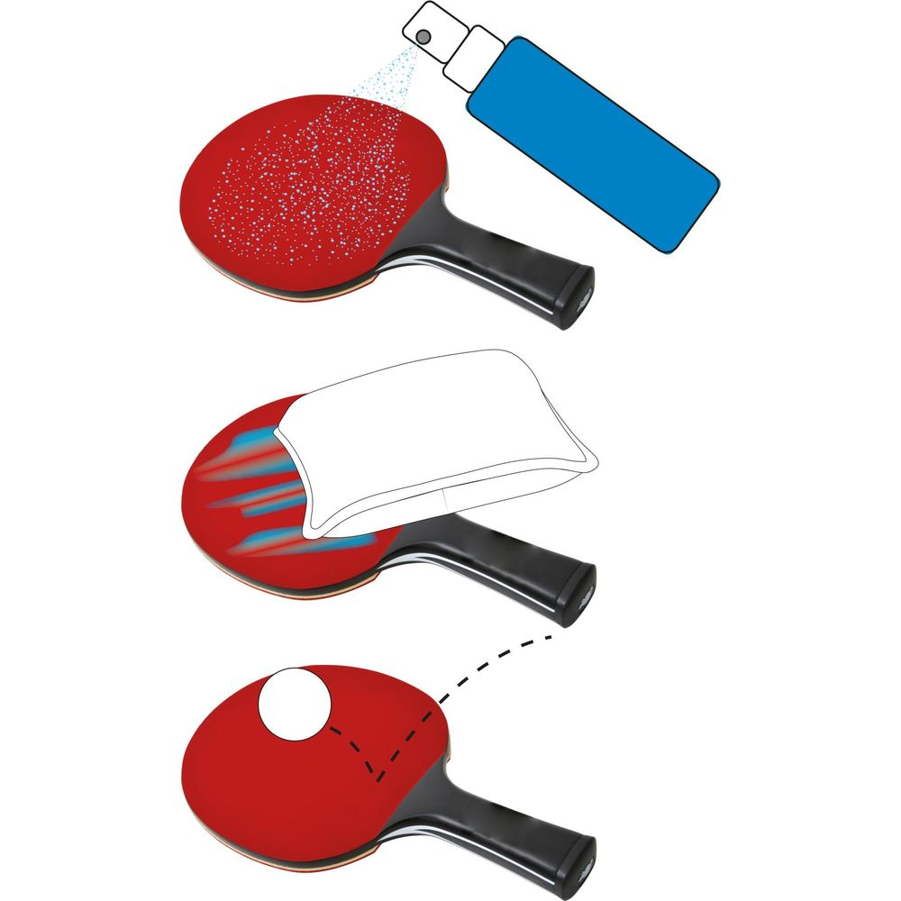 Czyszczenie rakietek do tenisa stołowego: spryskać, wytrzeć, serwować piłkę.