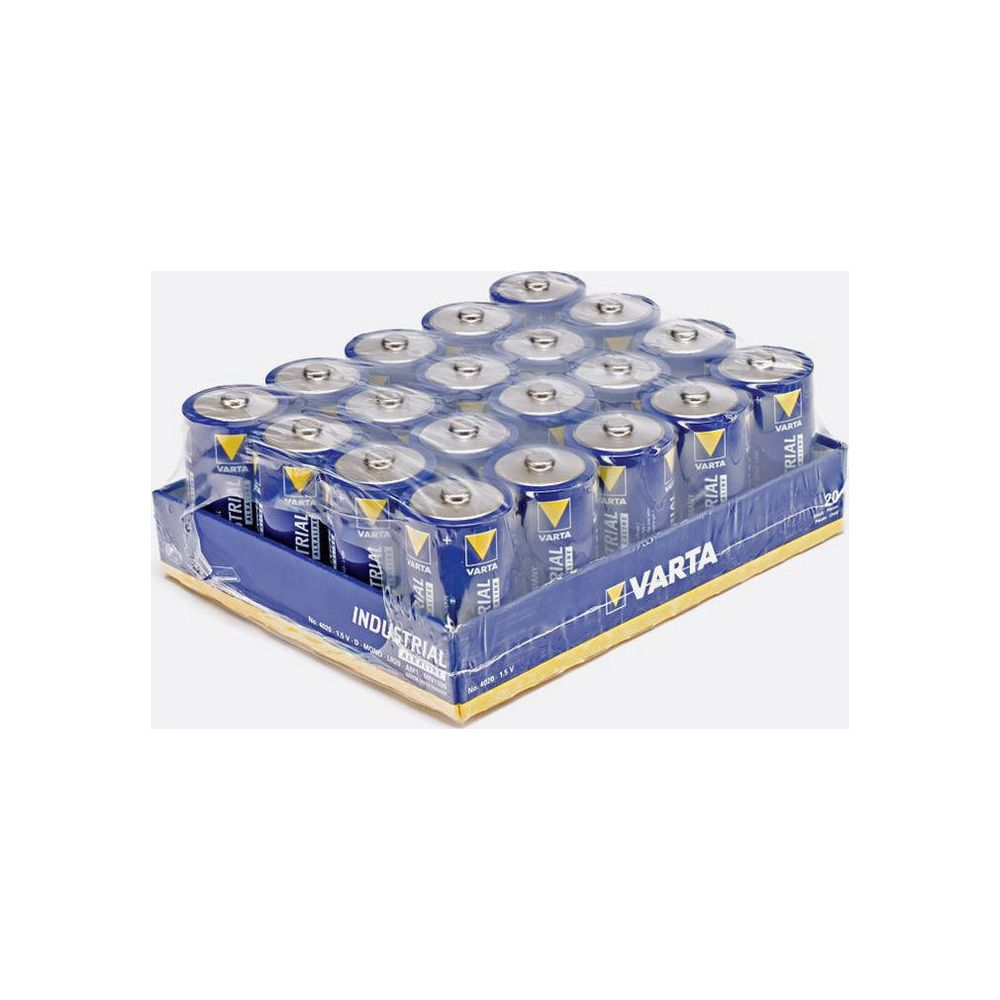 Una confezione da 20 batterie D alcaline Varta Industrial in blister.