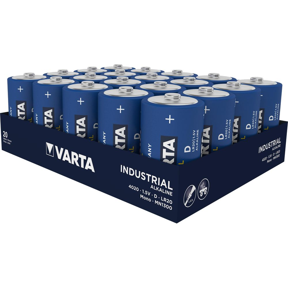 Confezione da 20 batterie D industriali Varta, blu con stampa nera.