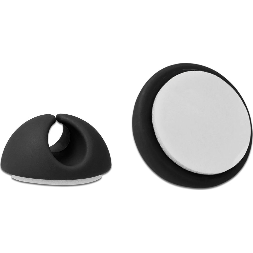 Dos clips negros para cables con respaldo adhesivo sobre fondo blanco.