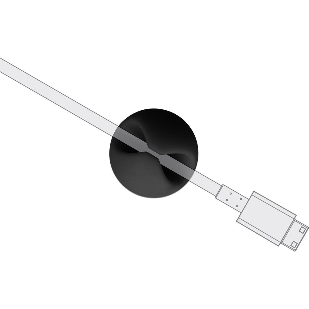 Clip de cable negro con cable y conector grises sobre fondo blanco.