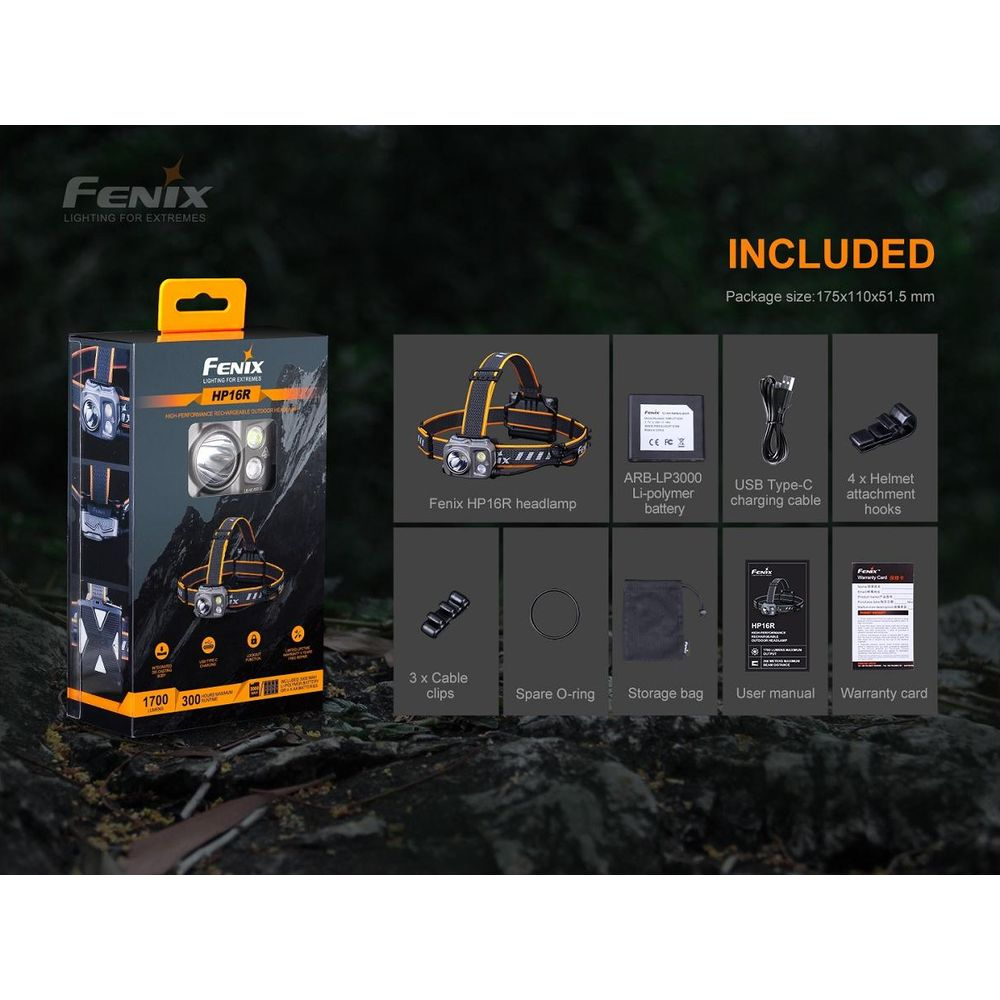 Lampe frontale Fenix HP16R avec accessoires : batterie, câble, crochets, clips, joint torique, sac.