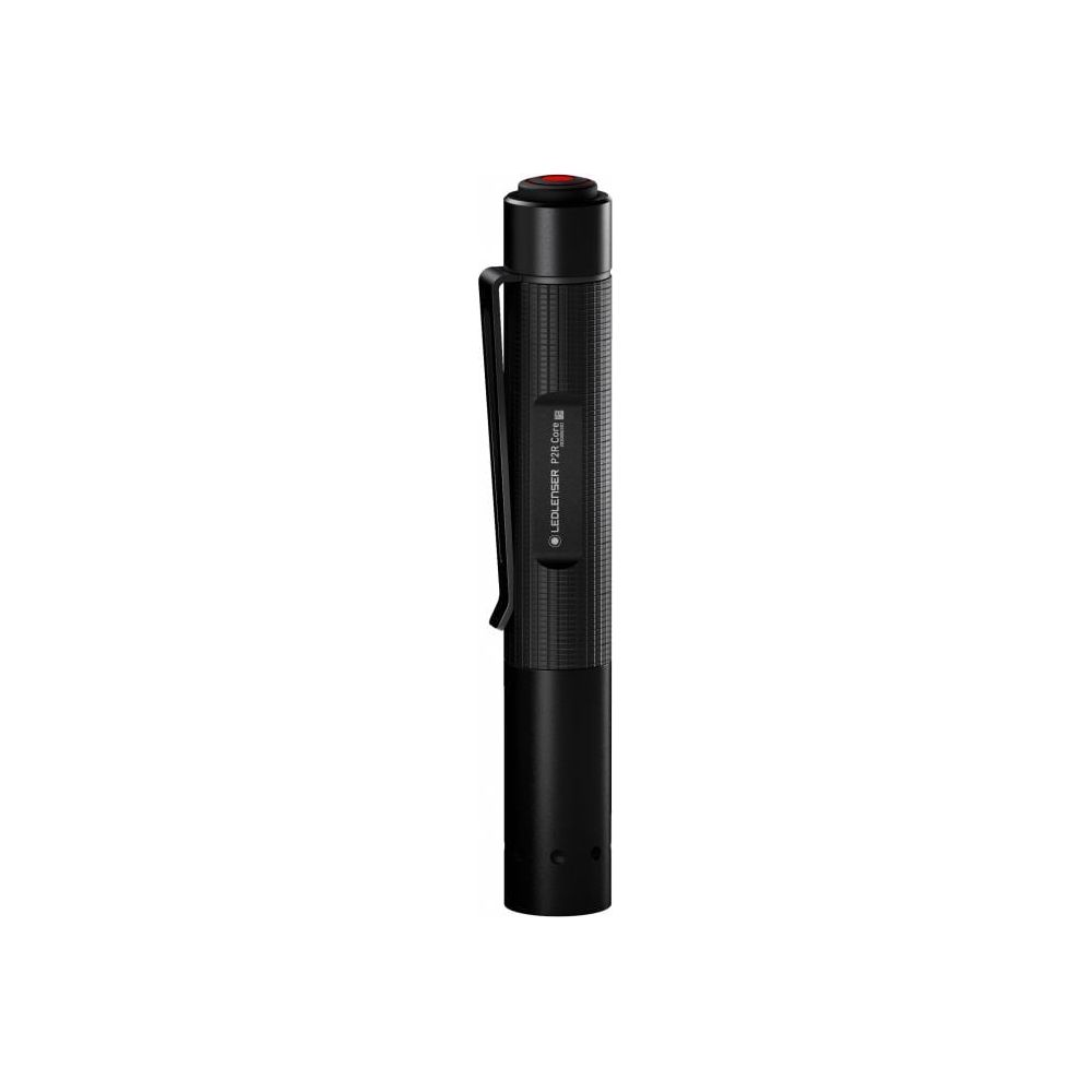 Lampe de poche noire avec bouton rouge et clip, étiquetée "LEDLENSER P2R Core".