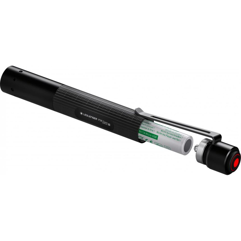 Lampe torche Ledlenser noire avec batterie retirée. 5V/1A Micro-USB.