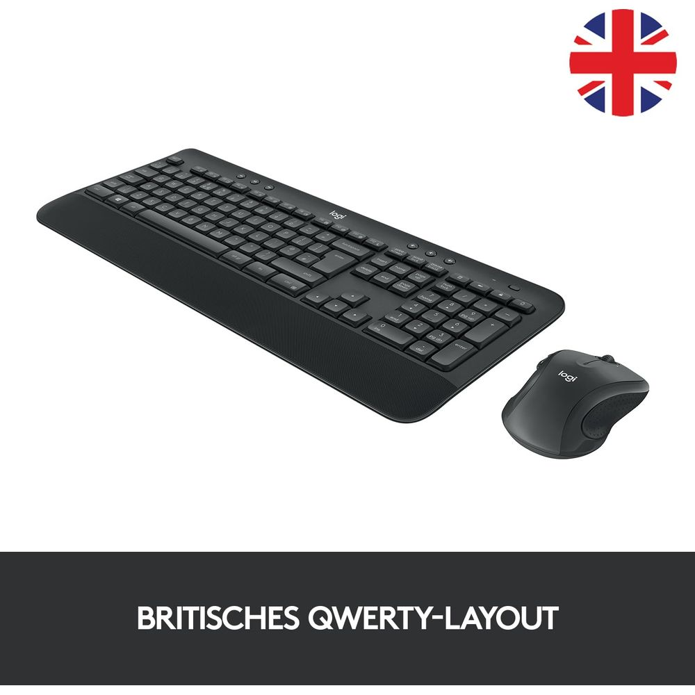 Czarna klawiatura i mysz Logitech z brytyjskim układem QWERTY i flagą Union Jack.