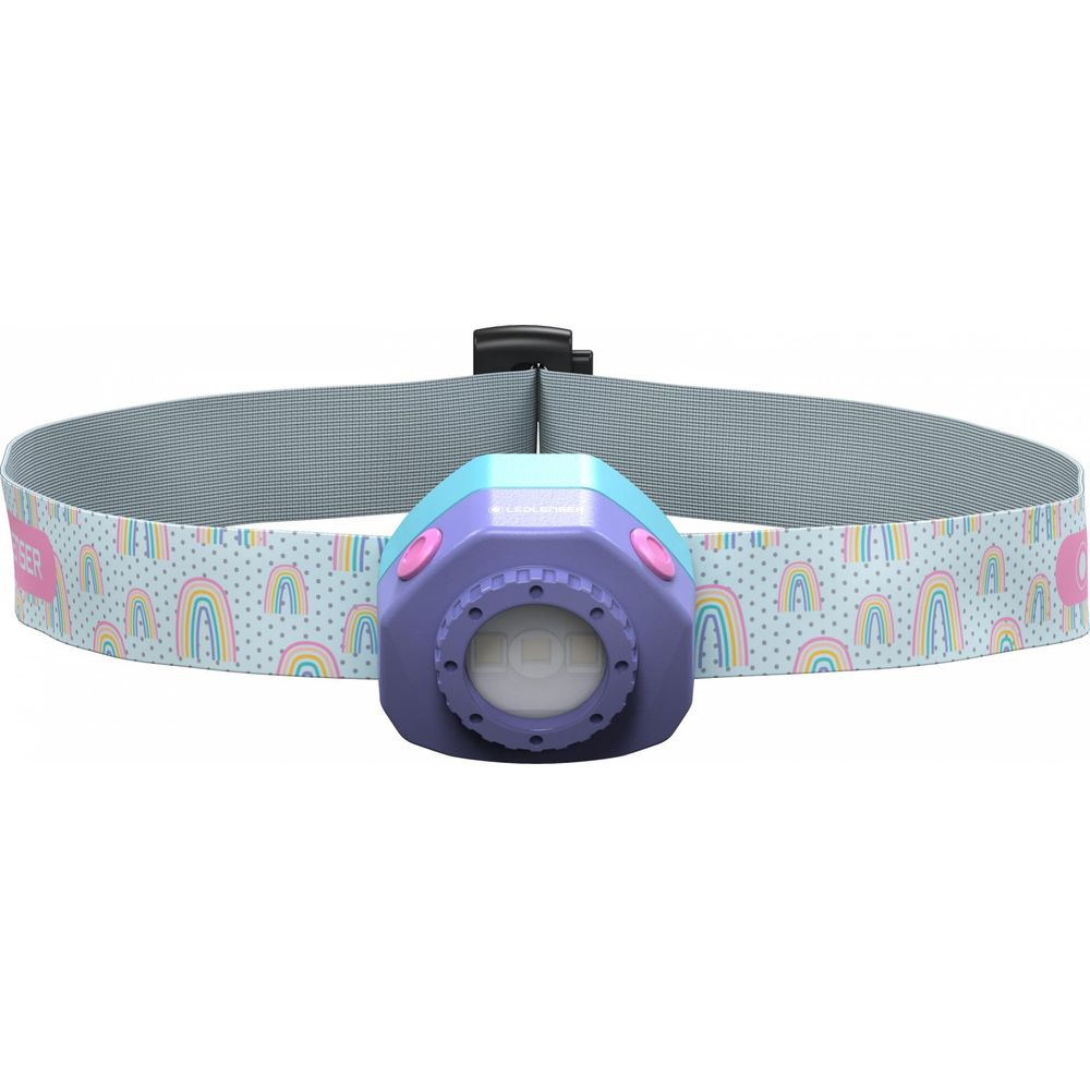 Ein Stirnlampe mit einem bunten Regenbogenmuster und lila/blauer Einheit.