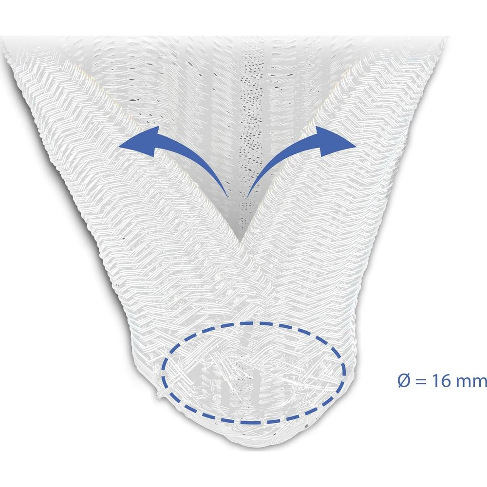 Matériau en maille blanche avec flèches bleues indiquant la compression. Diamètre 16 mm.
