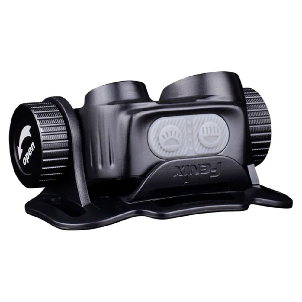 Lampe frontale Fenix noire avec deux lumières et deux boutons.