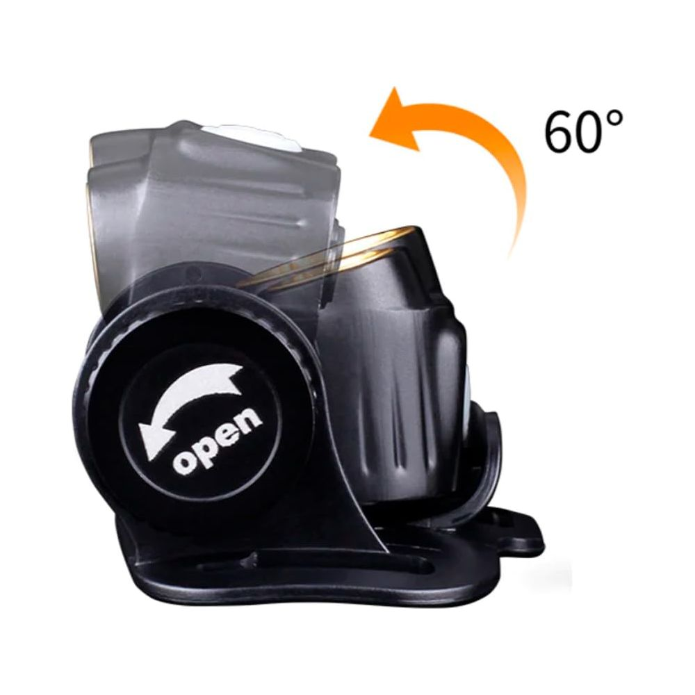 Lampe frontale noire réglable montrant un ajustement d'angle de 60 degrés.