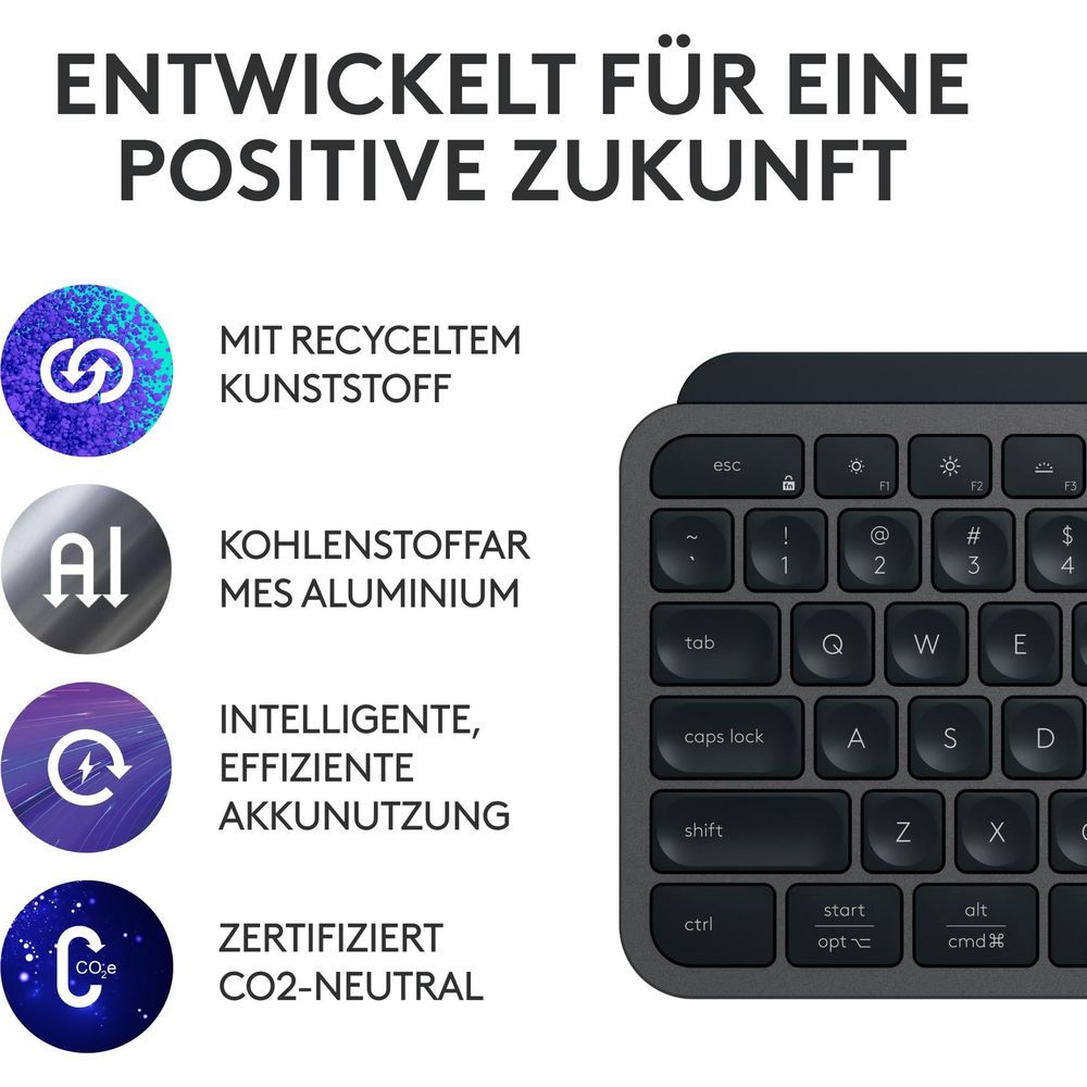 Klawiatura Logitech z ikonami plastiku z recyklingu, aluminium, akumulatora i neutralności CO2.