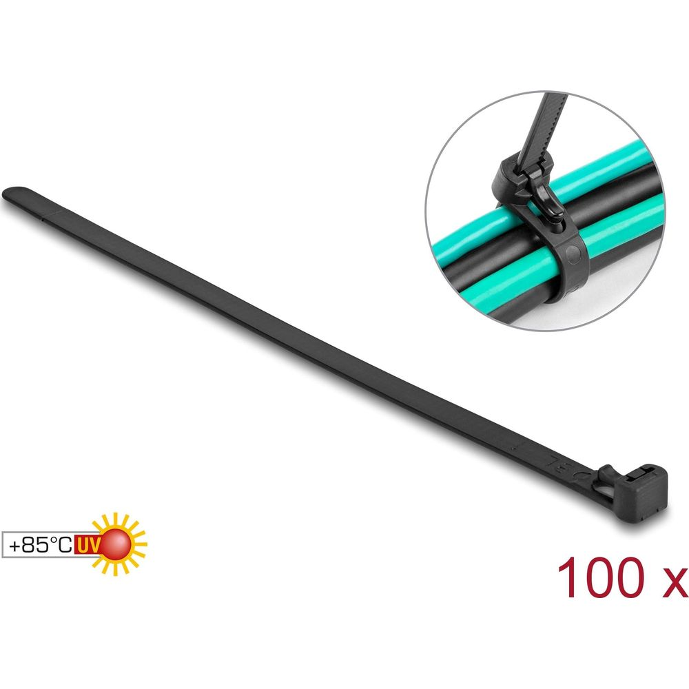 Schwarzes Kabelbinder mit Nahaufnahme von Kabeln, 100 Stück.