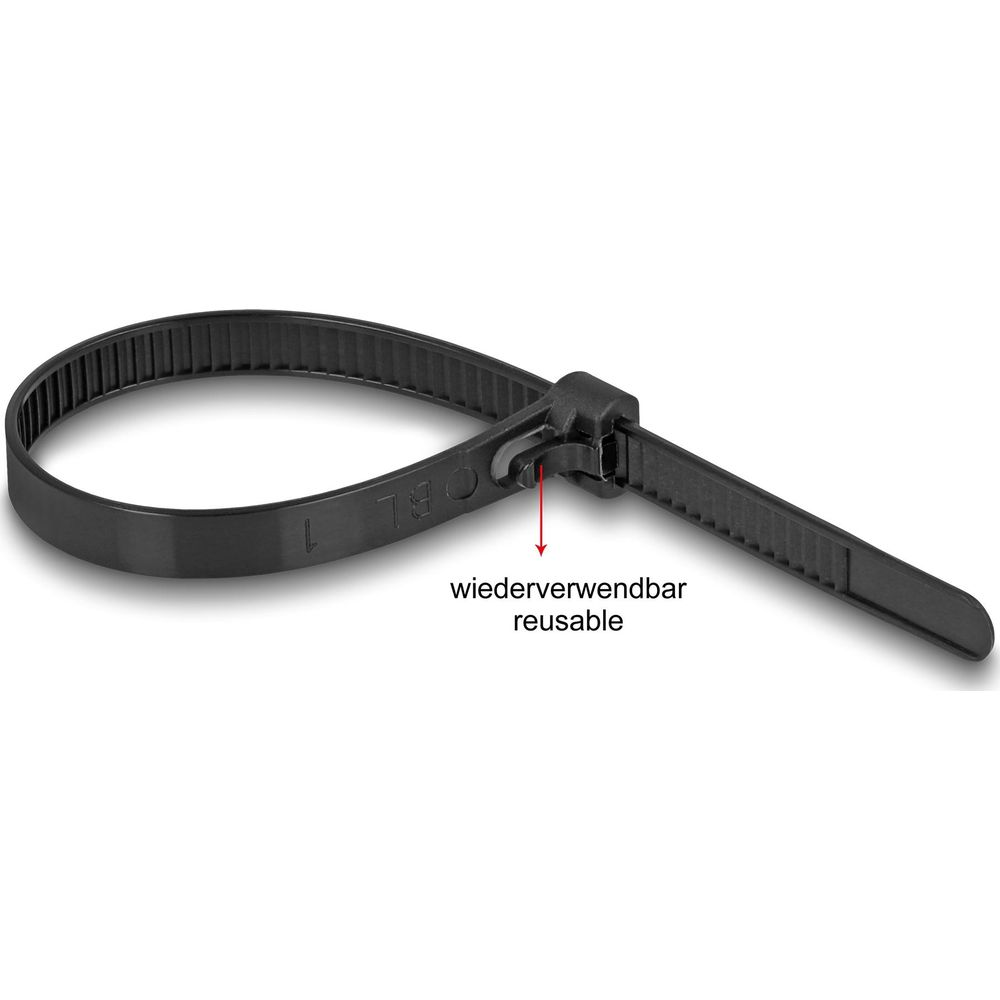 Schwarzes, wiederverwendbares Kabelbinder mit einem Mechanismus.