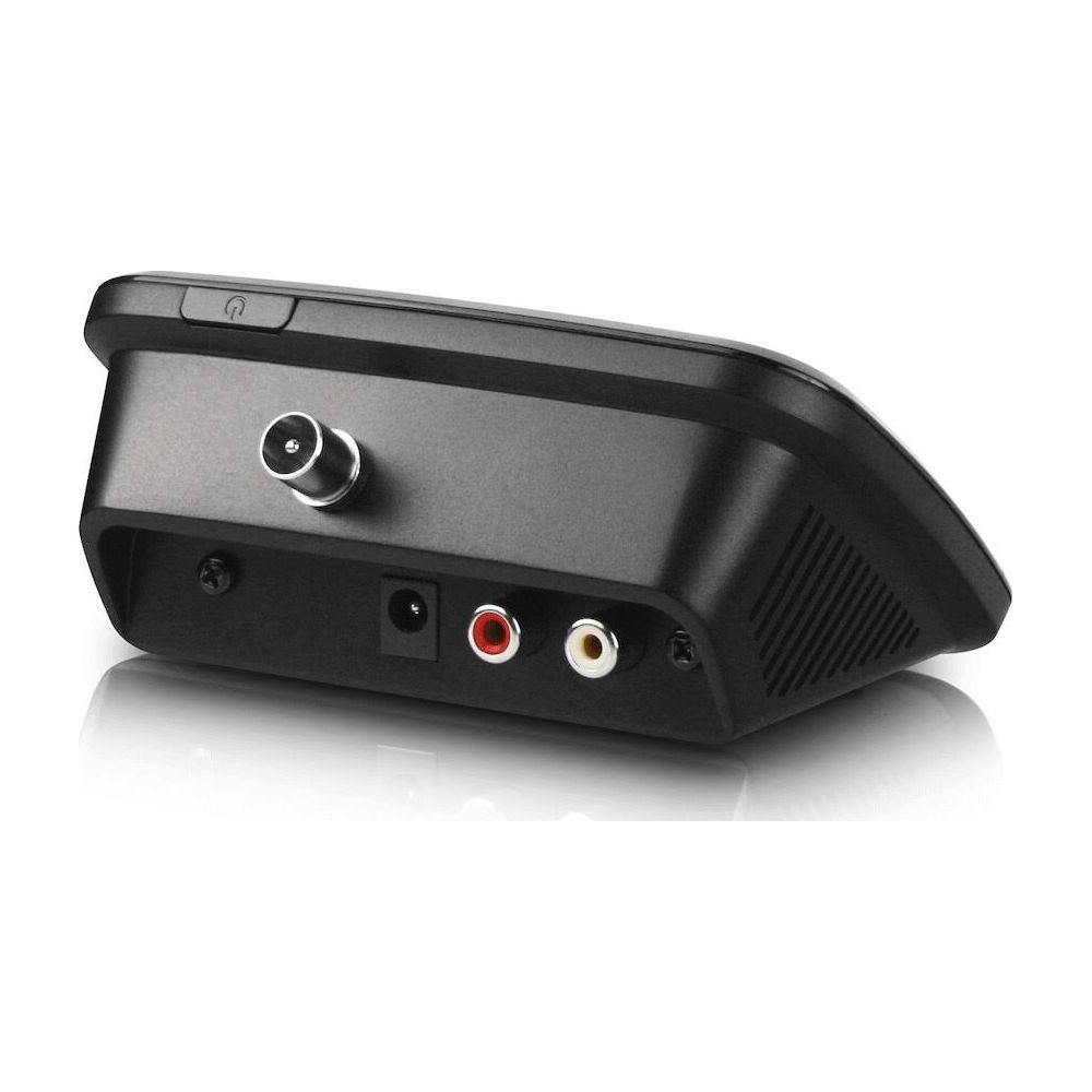 Czarny sprzęt elektroniczny z portami antenowymi, zasilania i audio.