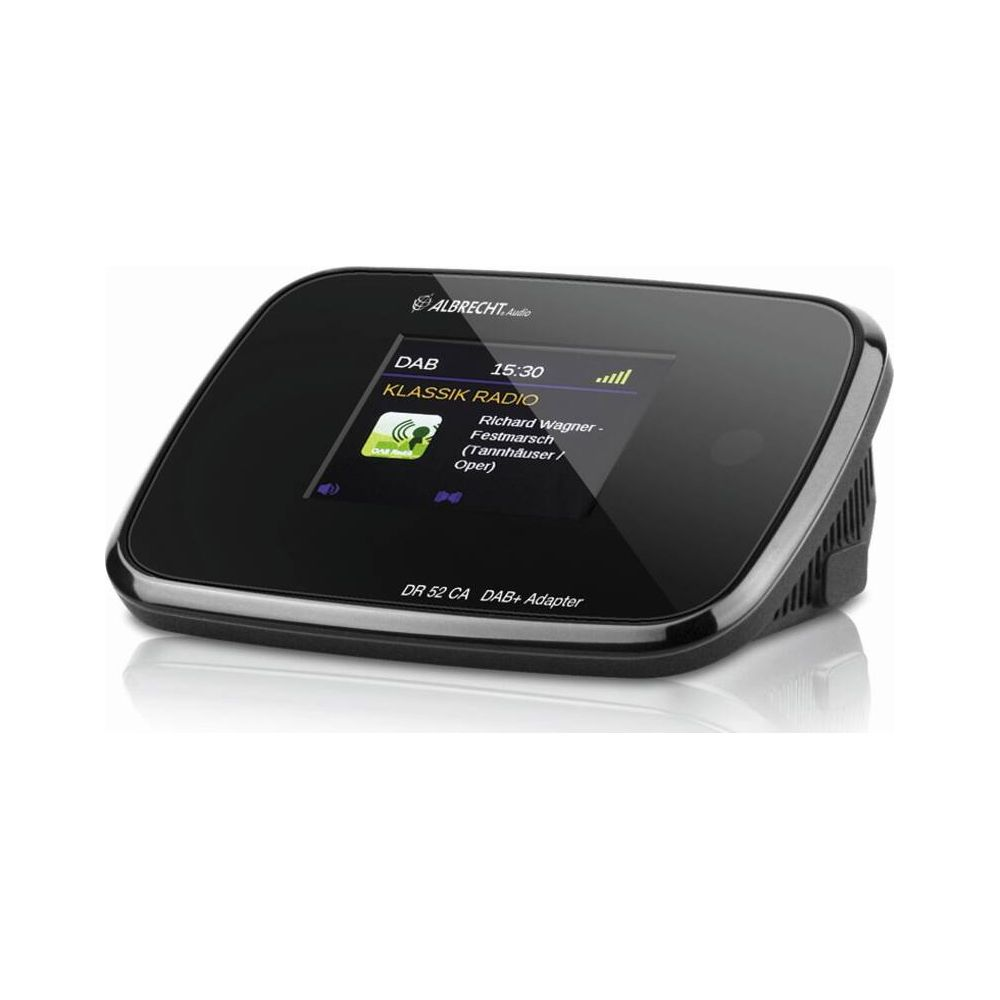 Czarny adapter radiowy Albrecht DAB+ z ekranem wyświetla Festmarsch Richarda Wagnera.