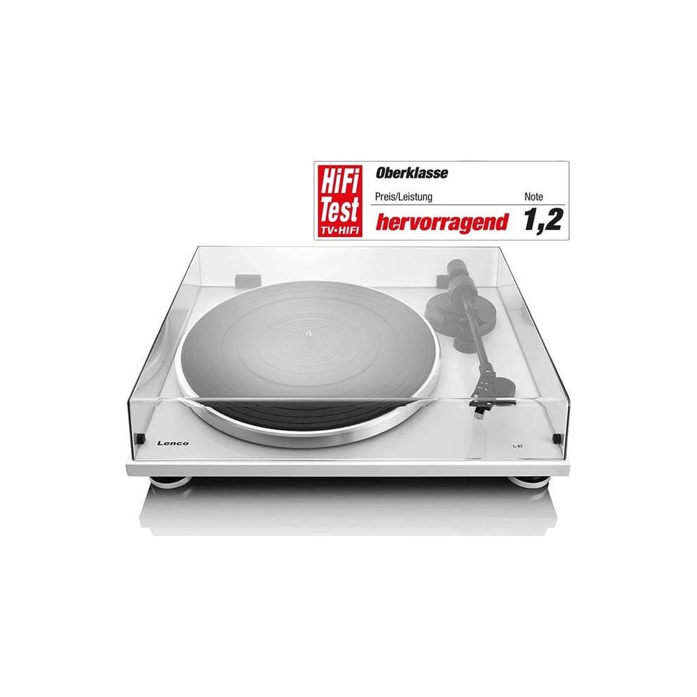 Une platine Lenco avec capot et logo test pour haut de gamme, prix/performance.