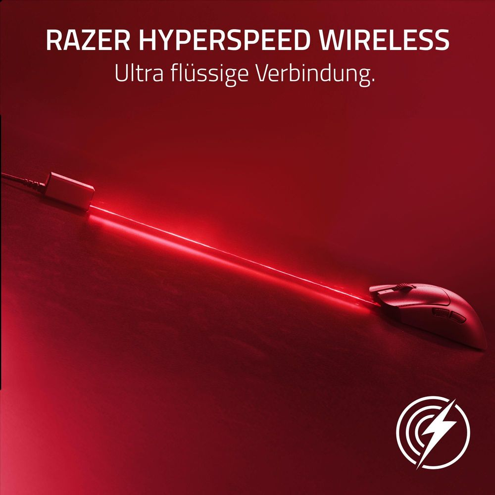 Mouse Razer con raggio di luce rosso proveniente dal dongle.