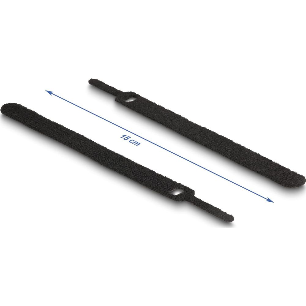 Zwei schwarze Klettbänder liegen nebeneinander, eines ist 15 cm lang.