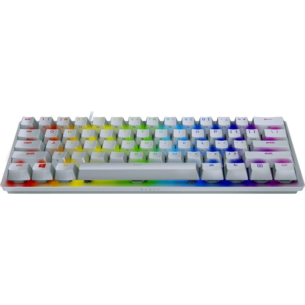 Ein weißes Razer-Gaming-Keyboard mit RGB-beleuchteten Tastenkappen und einer Regenbogenlichtleiste.