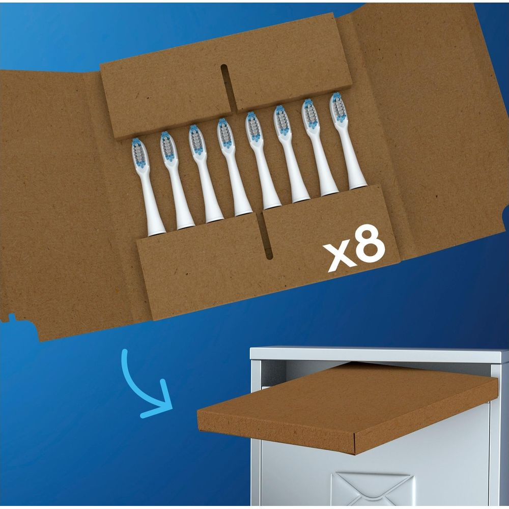 Osiem białych końcówek do szczoteczki z niebieskim włosiem w brązowym pudełku.