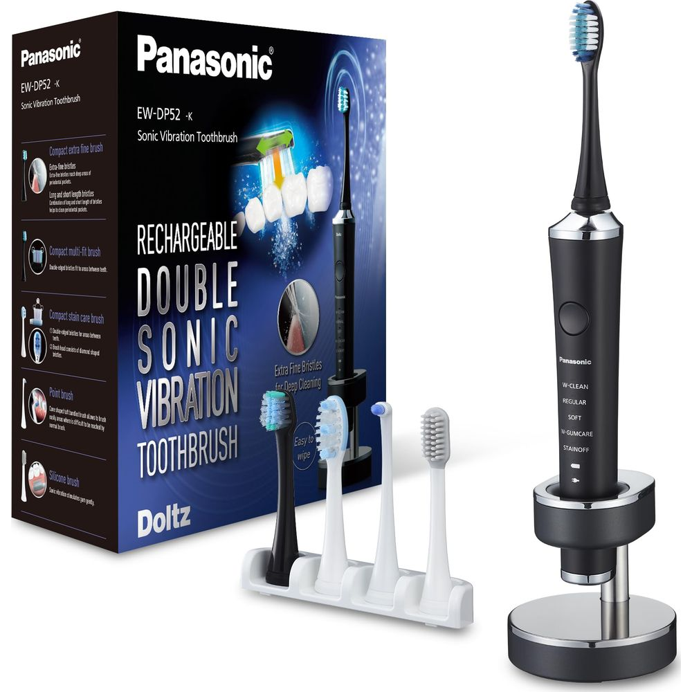 Ein schwarzer Sonic-Zahnbürsten-Set mit Box, Ladestation und Ersatzköpfen.