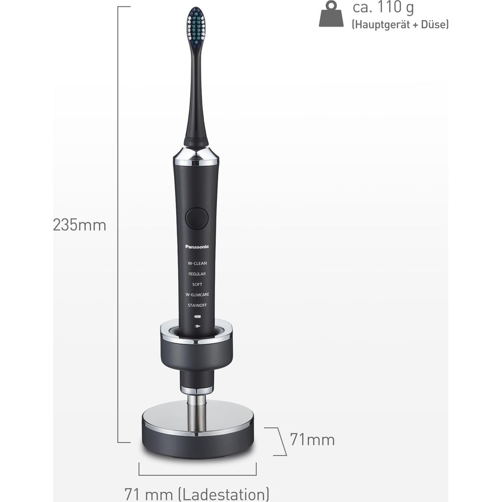 Schwarze elektrische Zahnbürste mit Ladestation, 235mm hoch.