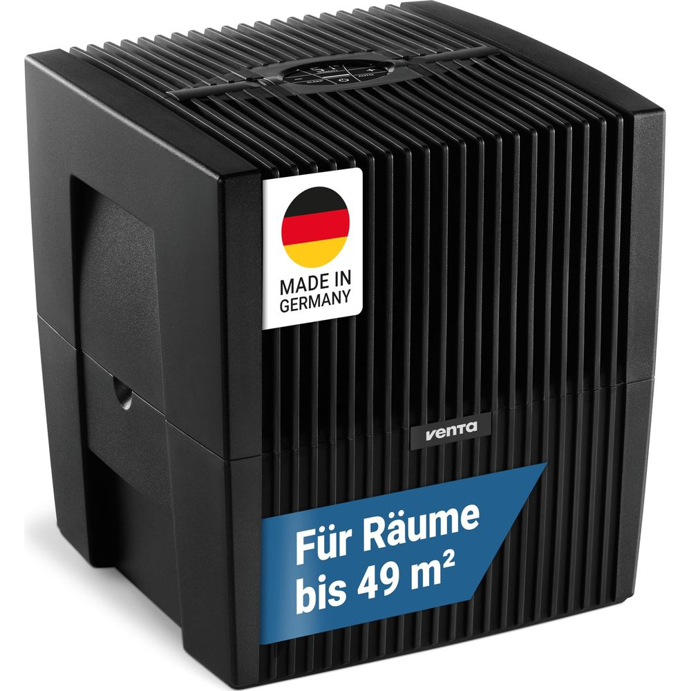 Schwarzer Luftreiniger mit "Made in Germany" Aufkleber und deutscher Beschriftung.