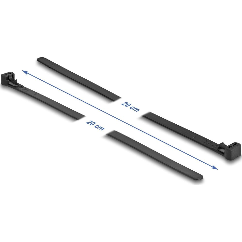 Zwei schwarze Kabelbinder mit einer Länge von 20 cm liegen nebeneinander.