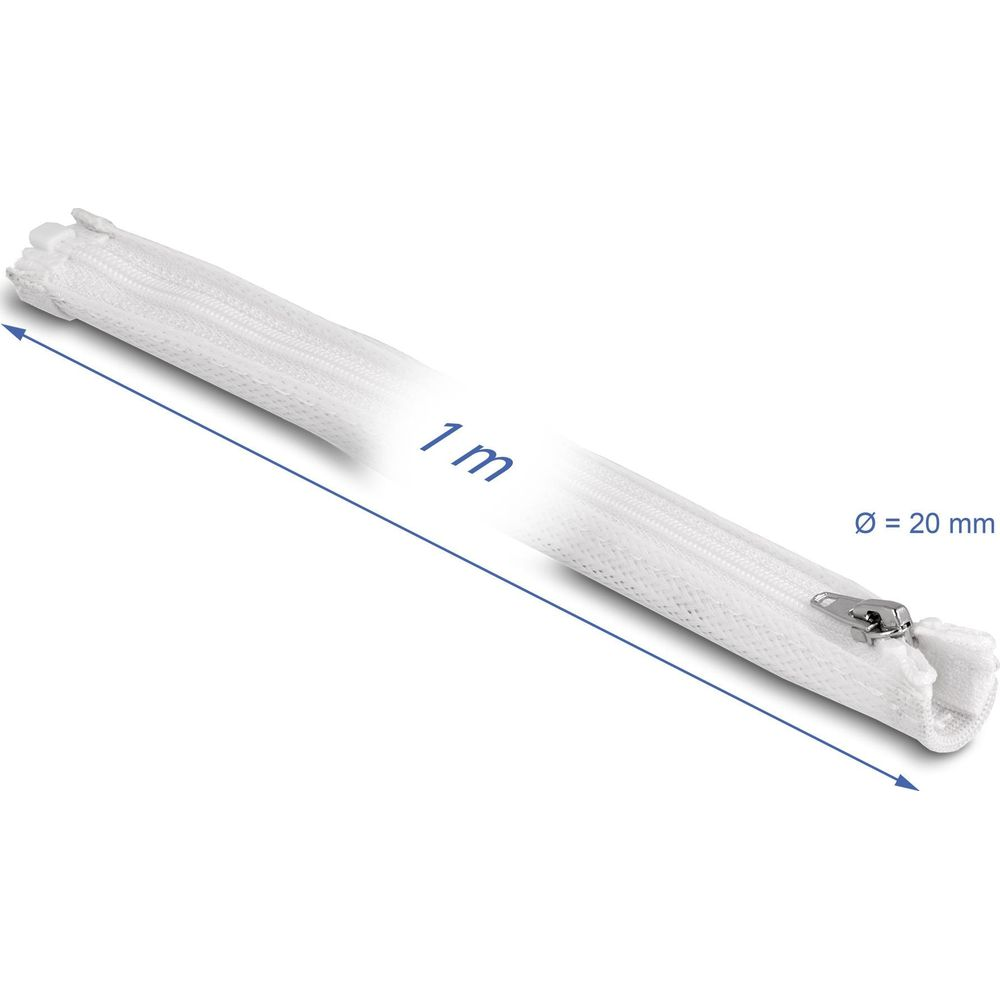 Ein weies Kabelmanagement-Schutzrohr mit Reverschluss, 1m lang, 20mm Durchmesser.