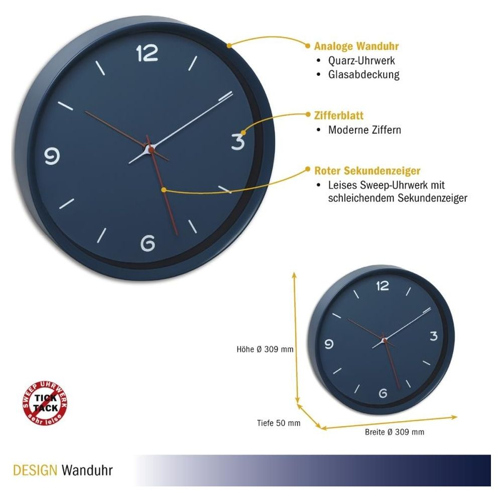 Eine dunkelblaue Wanduhr mit weißen Zeigern und roten Sekundenzeiger.