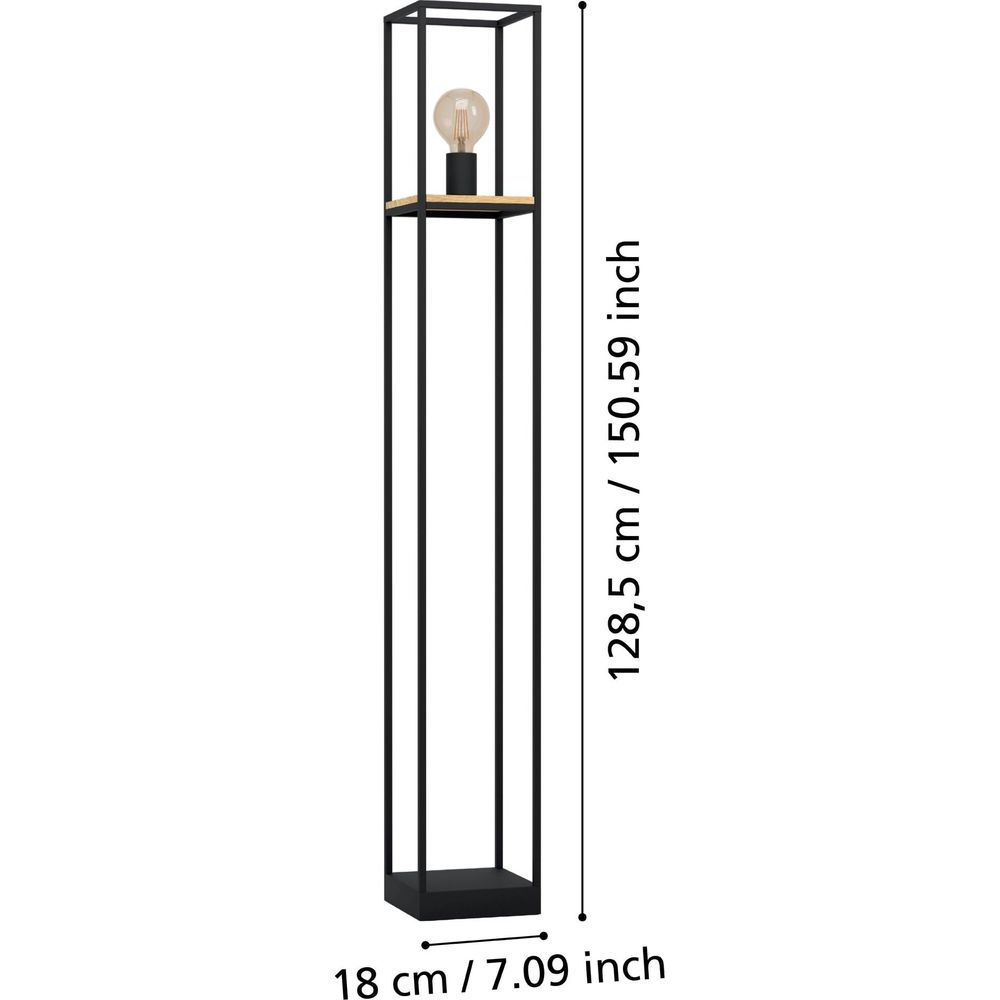 Un lampadaire haut et fin à cadre en métal noir avec une ampoule.