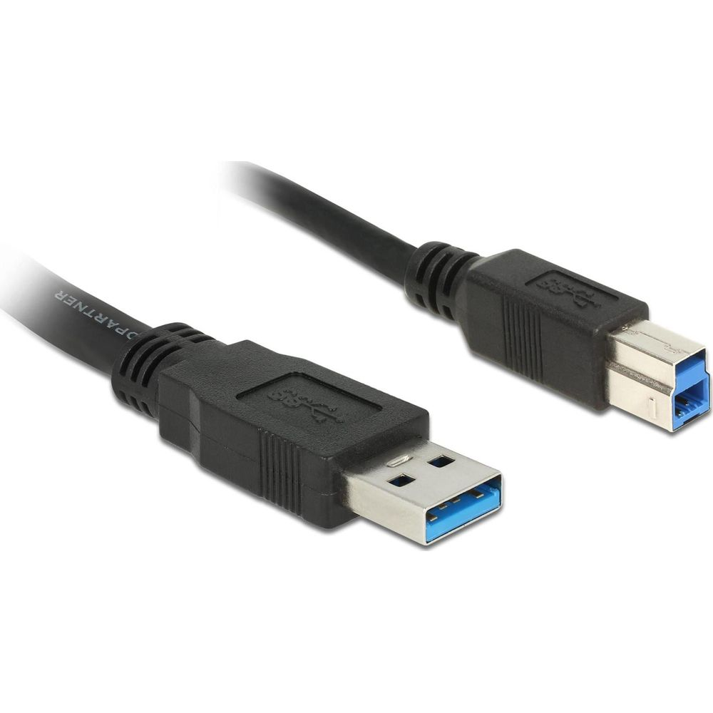 Een zwarte USB 3.0 kabel met twee connectoren, één blauw.
