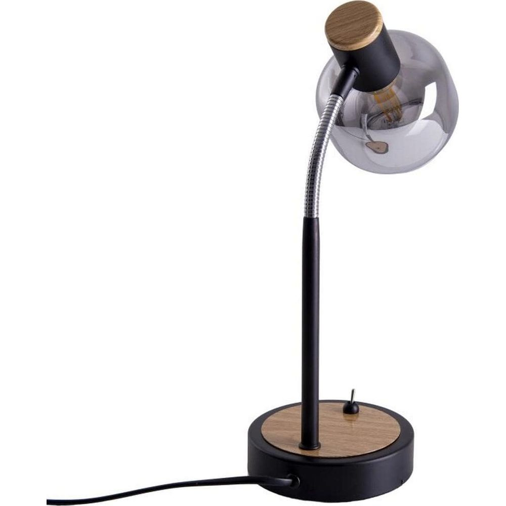 Eine schwarze Schreibtischlampe mit Holzakzenten und einem flexiblen Arm.
