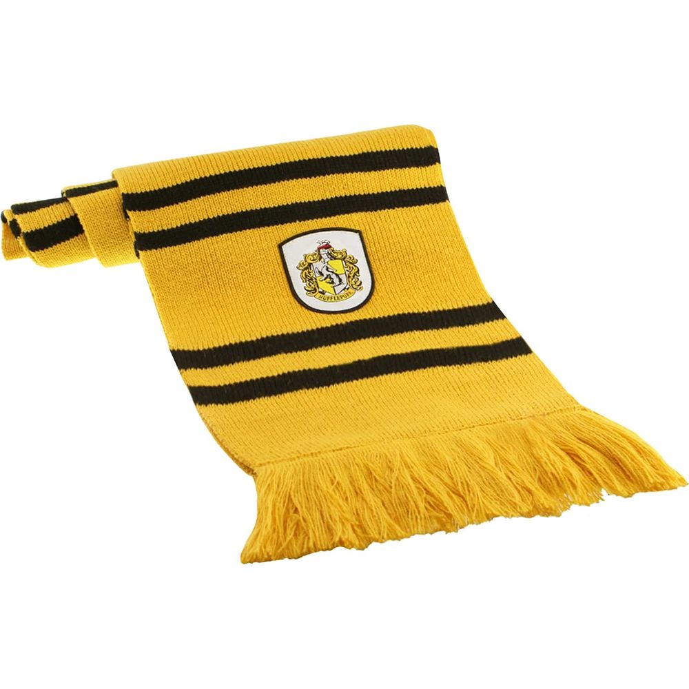 Ein gelber Schal mit schwarzen Streifen und dem Wappen von Hufflepuff.