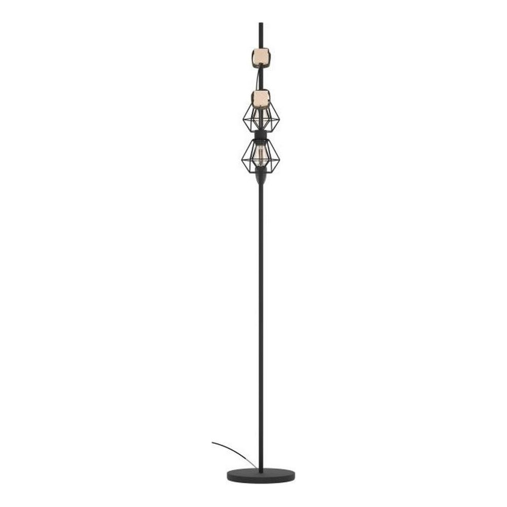 Lampadaire noir avec deux cages géométriques et ampoules sur fond blanc.