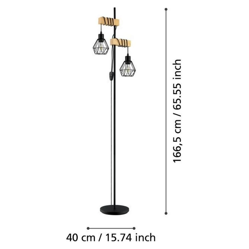 Lampadaire noir avec deux abat-jour et accents en bois.