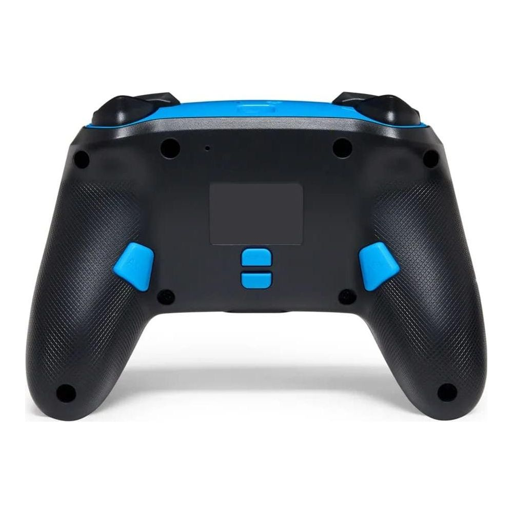 Rückseite eines schwarzen Controllers mit blauen Akzenten und Griffen.