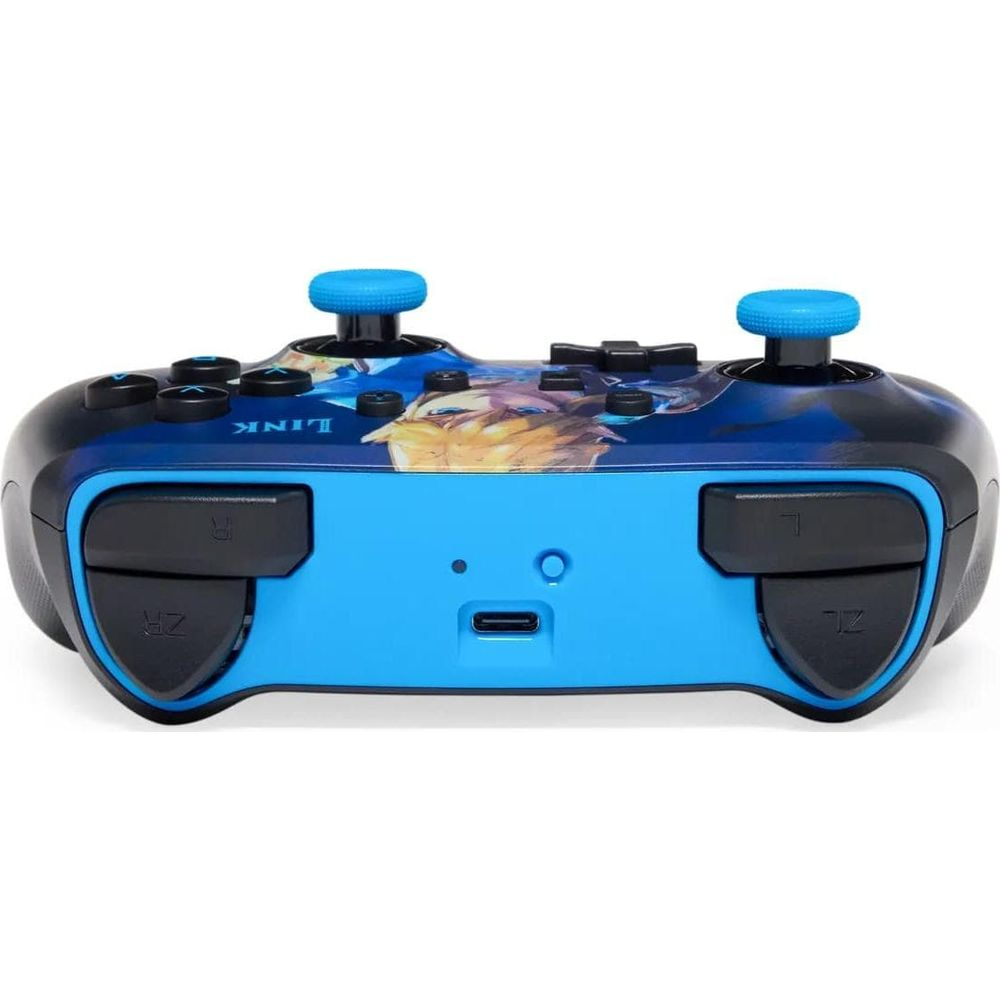 Ein blauer Controller mit Link-Grafik und blauen Joysticks.