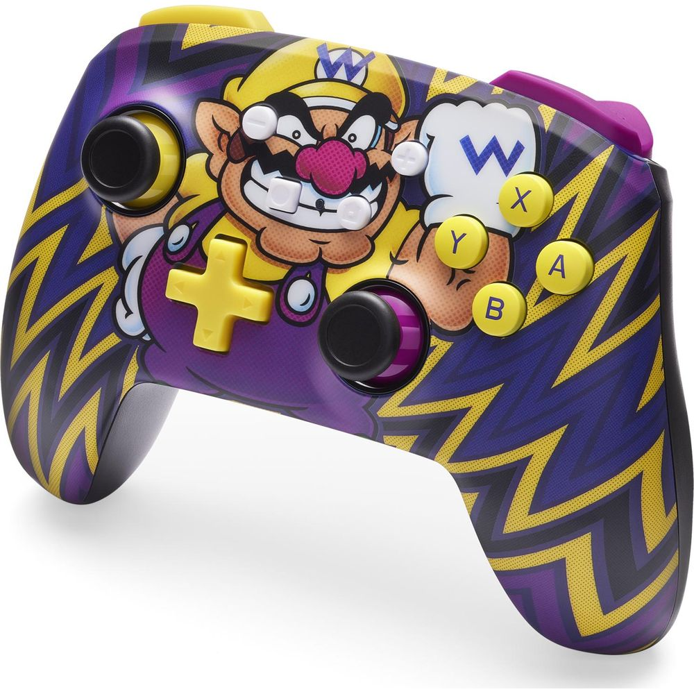 Lila und gelber Controller mit Wario-Grafik und gelben Tasten.