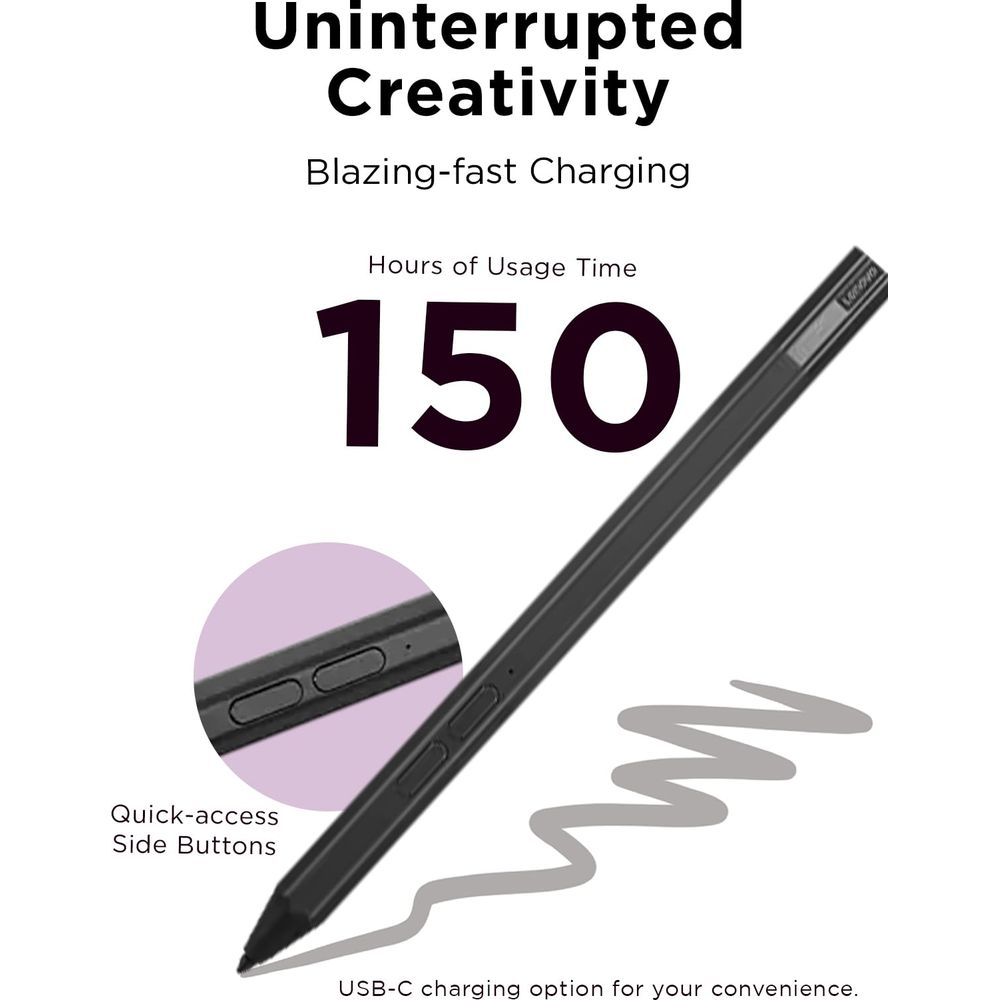 Un lápiz óptico negro con 150 horas de uso y carga USB-C.