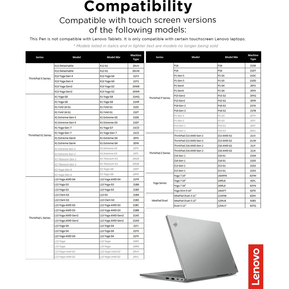 Tabla de compatibilidad para portátiles y lápices Lenovo. Enumera series, modelos y tipos de máquina.