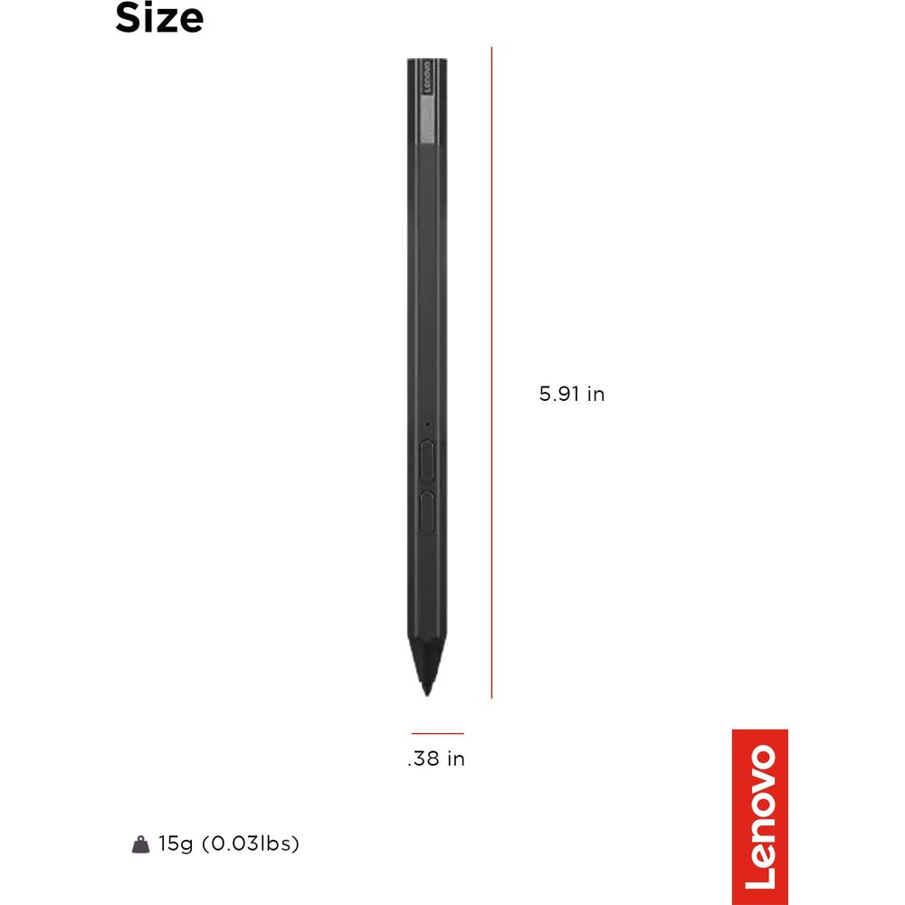 Lápiz Lenovo negro, 15g de peso, 5.91 pulgadas de largo y 0.38 pulgadas de grosor.