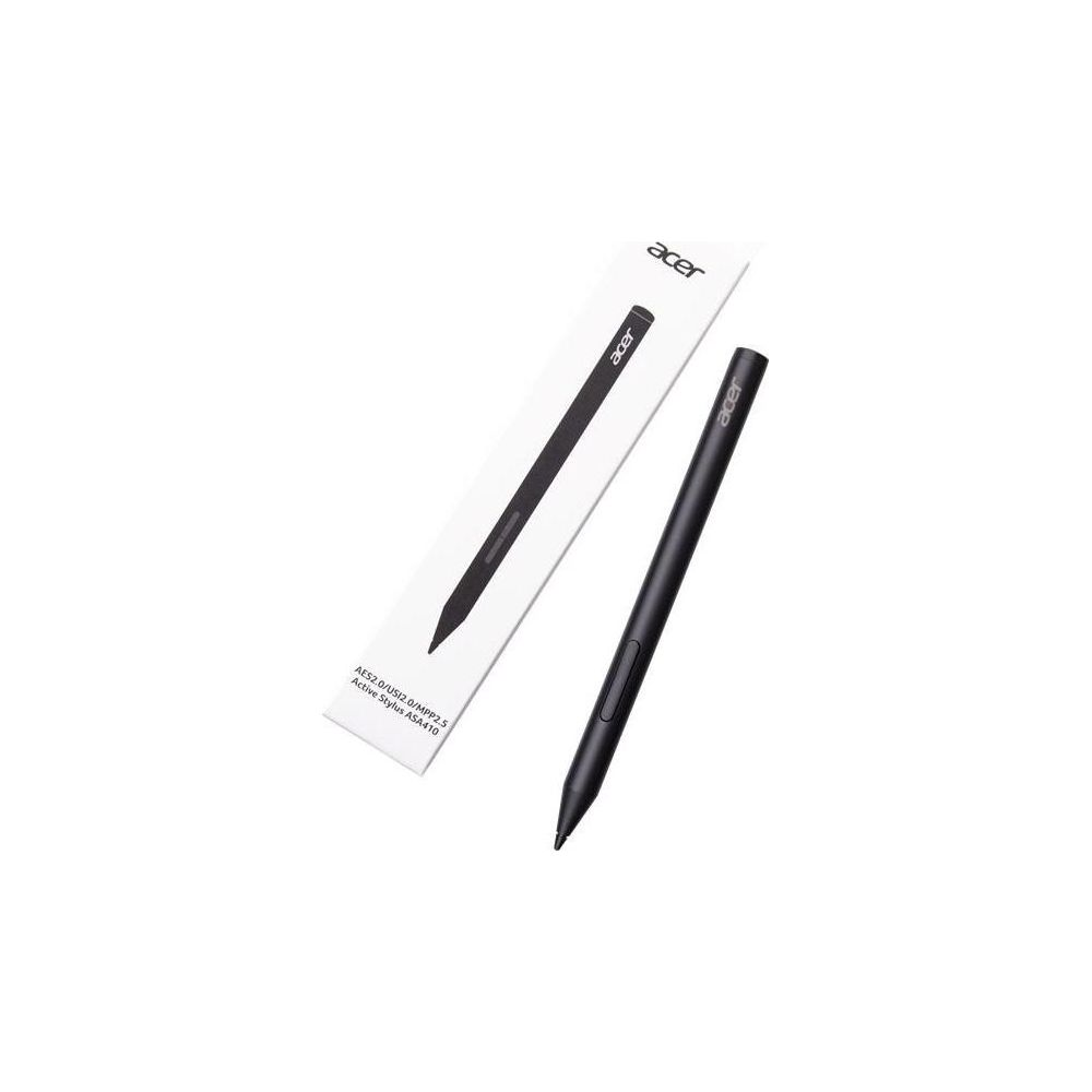 Black Acer stylus pen lies next to its packaging on a white background.