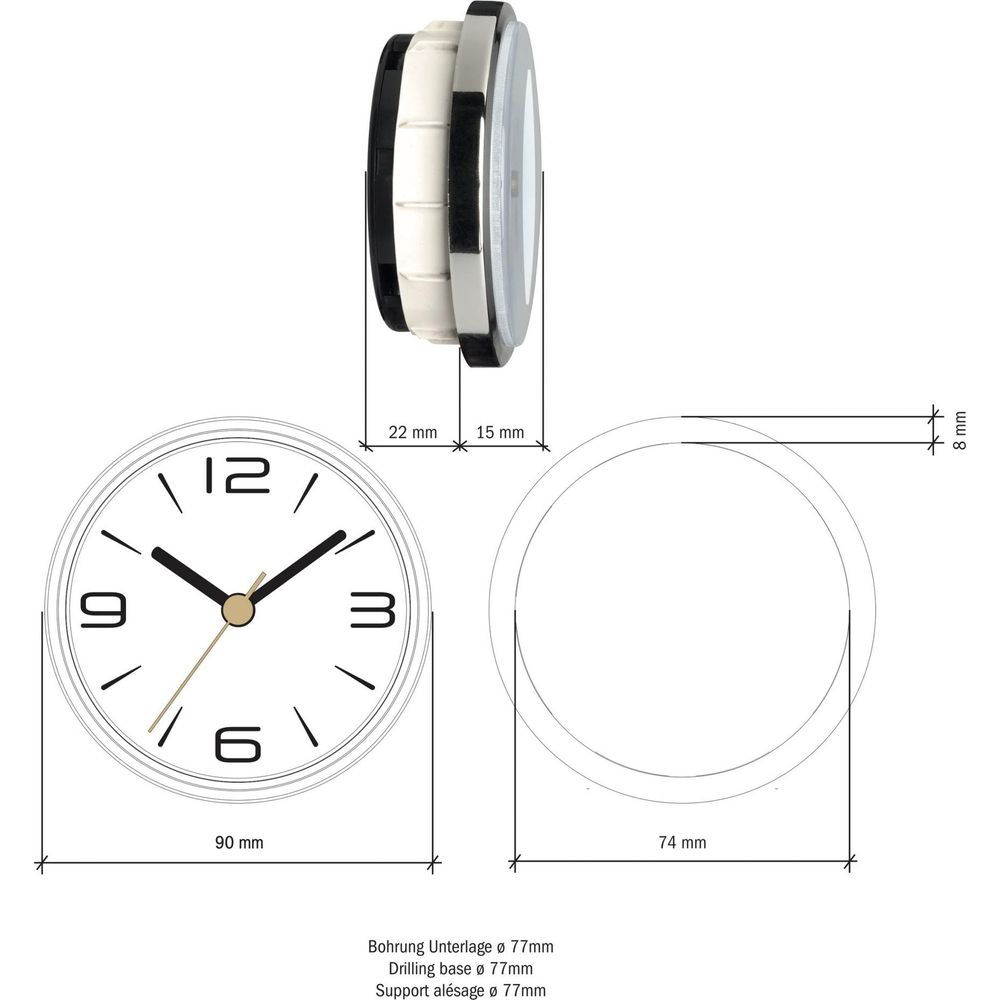 Technische Zeichnung einer Uhr mit Maßen. Die Uhr hat ein weißes Zifferblatt mit schwarzen Zeigern.