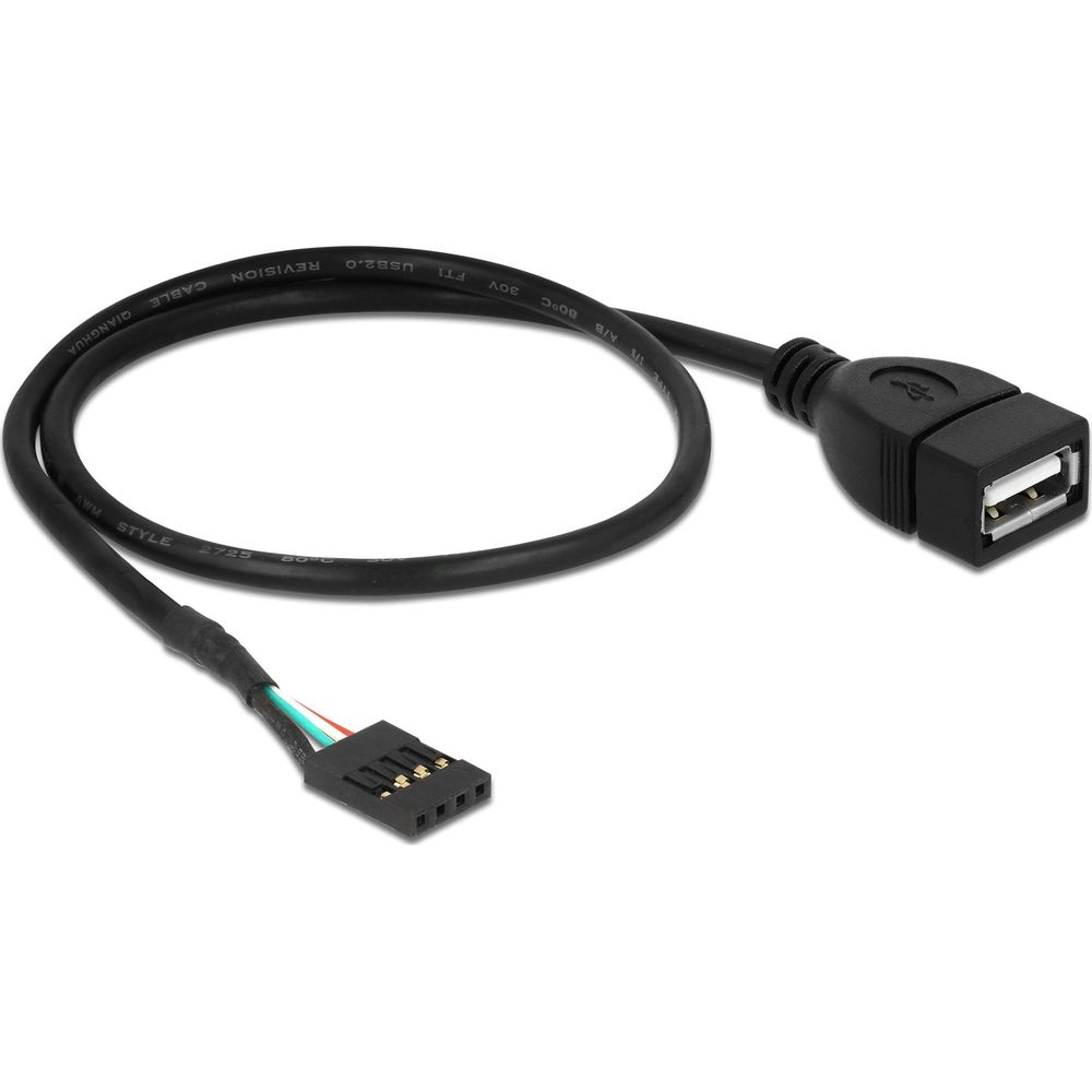 Ein schwarzes USB-Kabel mit einem USB-A-Stecker und einem 4-Pin-Header.