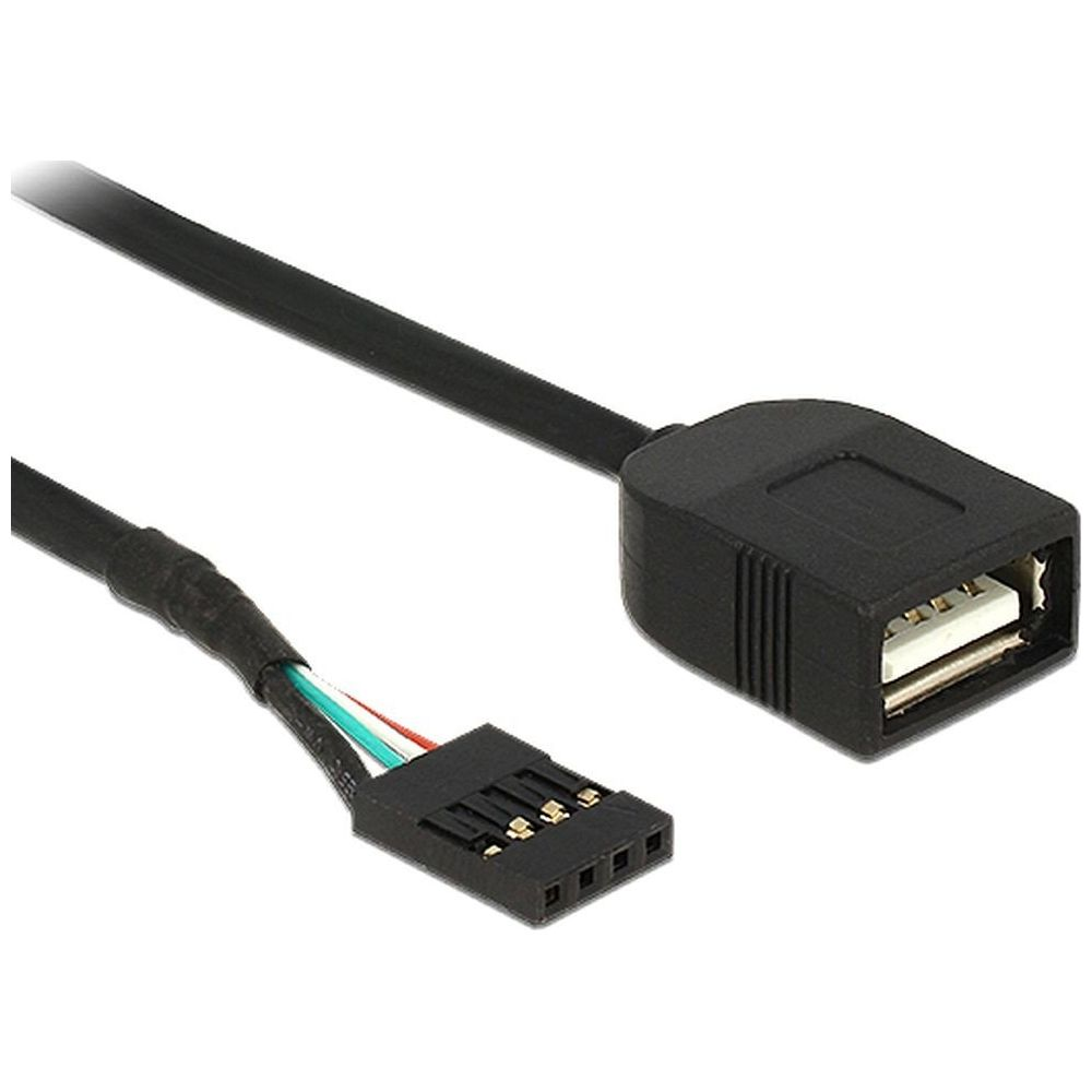 Ein schwarzes USB-Kabel mit einem weiblichen USB-A-Anschluss und einem 4-poligen Stecker.