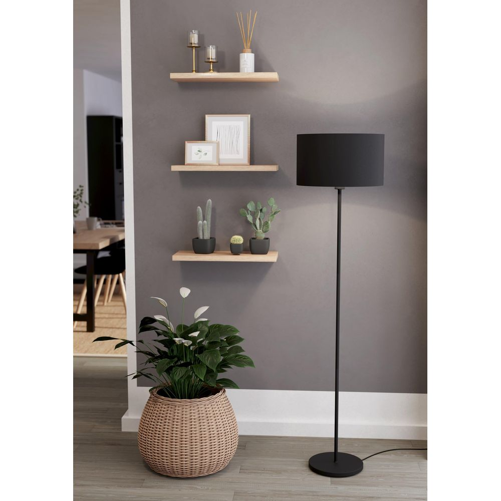 Sala de estar con tres estantes, decoración, plantas y una lámpara de pie.