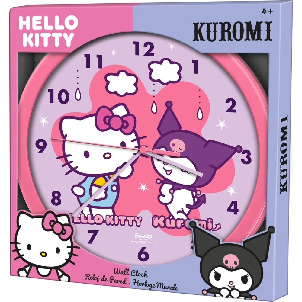 Hello Kitty und Kuromi Wanduhr in Rosa und Lila. Zeigt Charaktere und Zahlen.