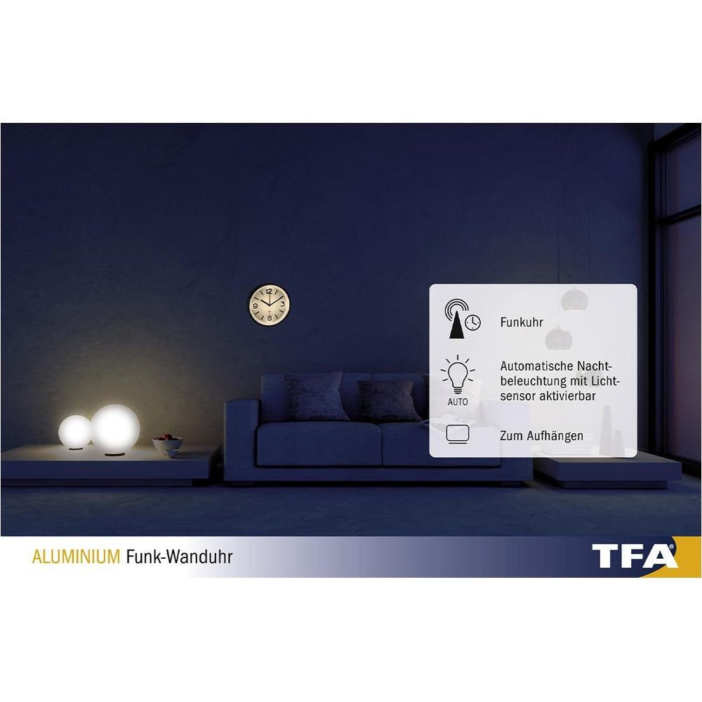Funk-Wanduhr mit automatischer Nachtbeleuchtung und Lichtsensor.