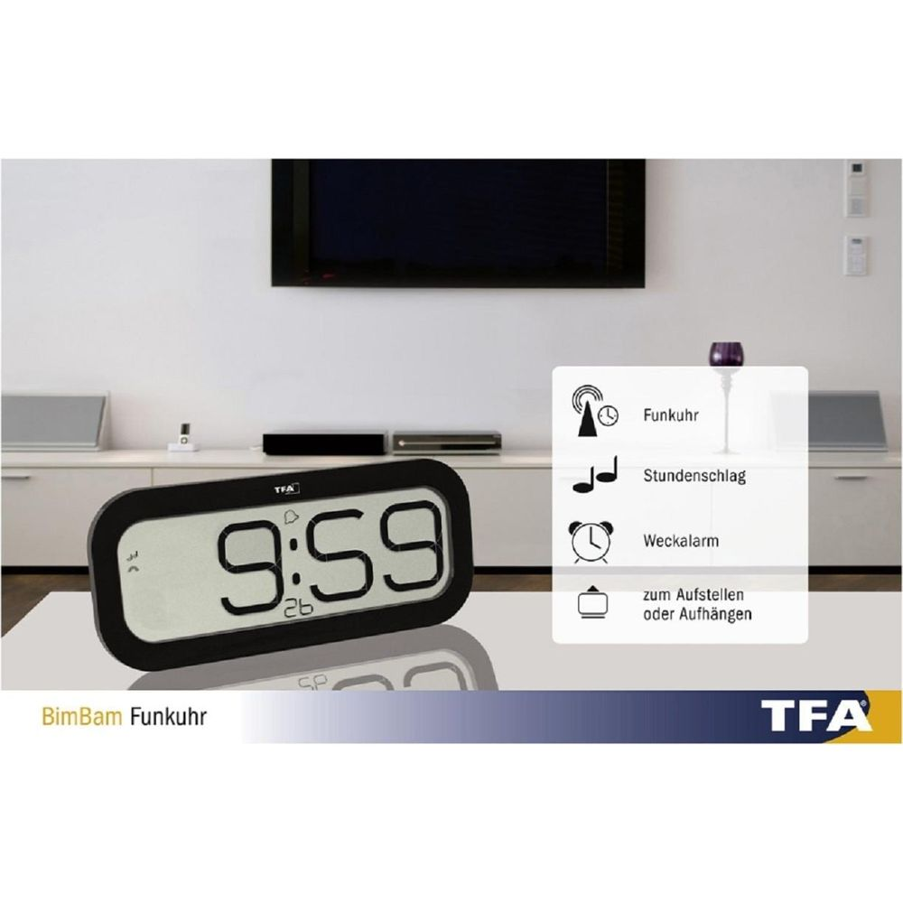 Digitaluhr zeigt 9:59 an. Daneben sind Symbole für Uhr, Klingelton, Wecker und Aufstellen.